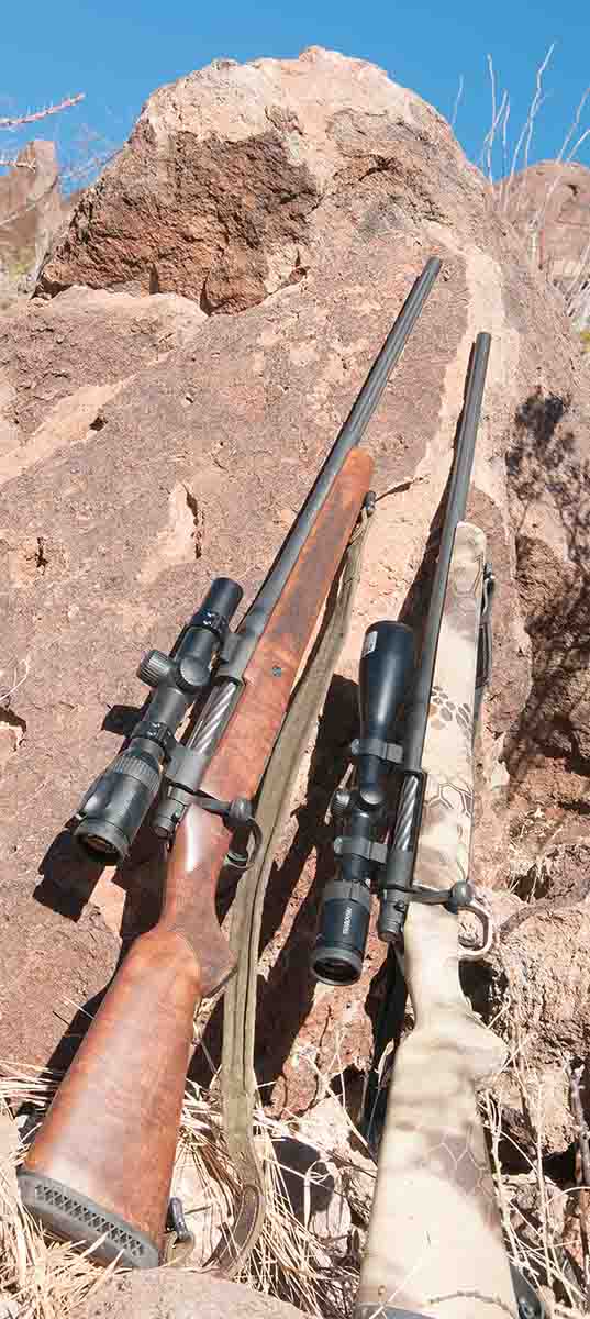 The Mossberg Patriot .270 Winchester (left) features a nicely shaped walnut stock. At right is a synthetic-stocked Patriot .300 Winchester Magnum.